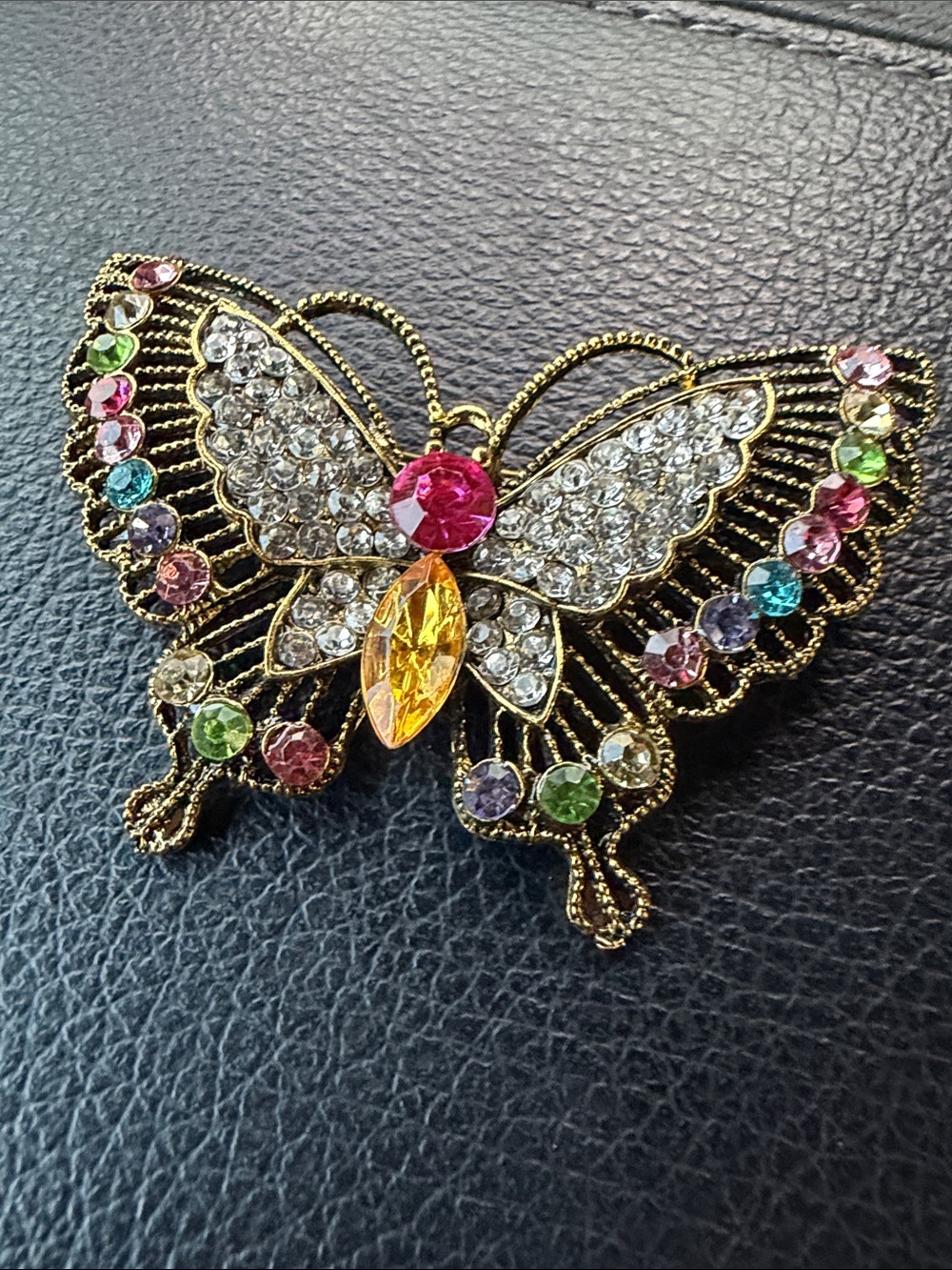 Gold Butterfly Brooch with Pink, Yellow & Multicolor Crystals